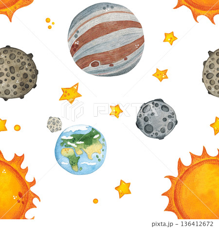 Seamless pattern. Sun, earth, moon, other planets and stars fly. Hand drawn watercolor illustration. Space, outer space, universe, moon, star Seamless pattern. Sun, earth, moon, other planets and stars fly. Hand drawn watercolor illustration. Space, outer space, universe, moon, star 136412672