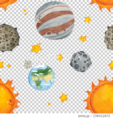 Seamless pattern. Sun, earth, moon, other planets and stars fly. Hand drawn watercolor illustration. Space, outer space, universe, moon, star Seamless pattern. Sun, earth, moon, other planets and stars fly. Hand drawn watercolor illustration. Space, outer space, universe, moon, star 136412672