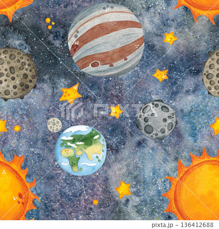 Seamless pattern, outer space in which the sun, earth, moon, other planets and stars fly. Hand drawn watercolor illustration. Space, outer space, universe, moon, star Seamless pattern, outer space in which the sun, earth, moon, other planets and stars fly. Hand drawn watercolor illustration. Space, outer space, universe, moon, star 136412688