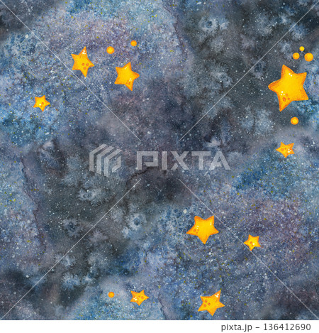 Seamless pattern, outer space and stars. Watercolor illustration drawn by hand. Cosmic, space, universe. Design for textiles, paper, invitations, scrapbooking 136412690