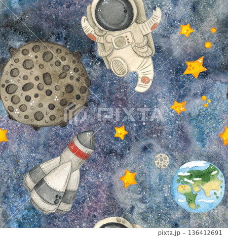 Seamless pattern, outer space in which an astronaut, planet, earth and stars fly. Hand drawn watercolor illustration. Space, outer space, universe, moon, star 136412691