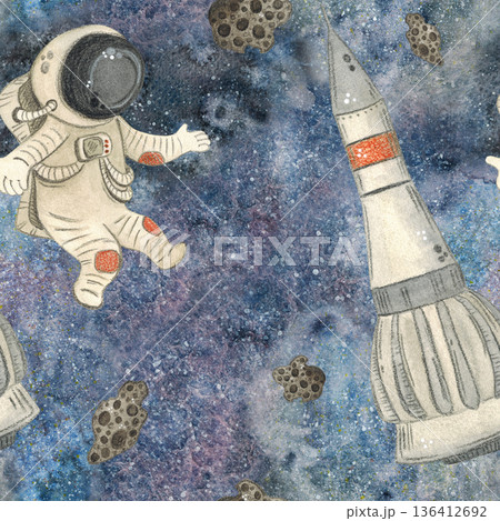 Seamless pattern, outer space in which an astronaut, a rocket and meteorites fly. Watercolor illustration drawn by hand. Cosmic, space, rocket, astronaut, meteorite, universe Seamless pattern, outer space in which an astronaut, a rocket and meteorites fly. Watercolor illustration drawn by hand. Cosmic, space, rocket, astronaut, meteorite, universe 136412692