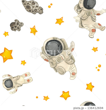 Seamless pattern with astronauts, stars and meteorites. Hand drawn watercolor illustration, cartoon. Drawing for textile, paper, invitations, scrapbooking 136412694