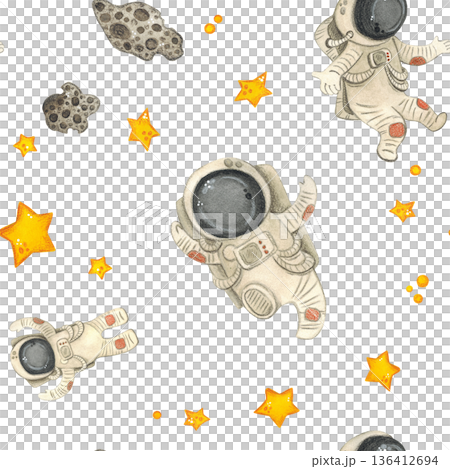 Seamless pattern with astronauts, stars and meteorites. Hand drawn watercolor illustration, cartoon. Drawing for textile, paper, invitations, scrapbooking 136412694