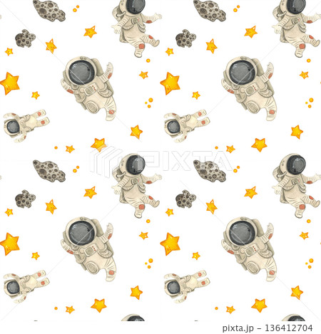 Seamless pattern with astronauts, stars and meteorites. Hand drawn watercolor illustration, cartoon. Drawing for textile, paper, invitations, scrapbooking 136412704