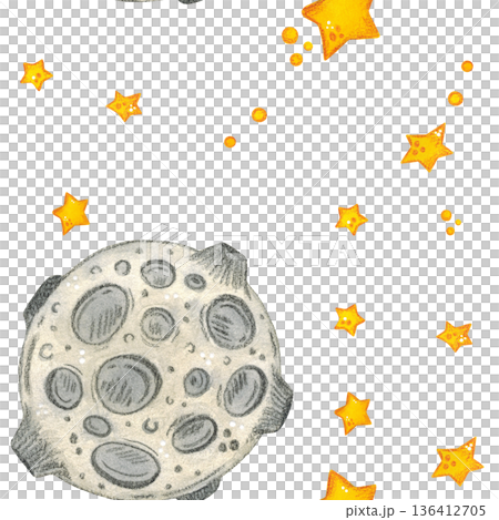 Seamless pattern, outer space in which the moon and stars fly. Hand drawn watercolor illustration. Space, outer space, universe, moon, star. Drawing for textile, paper, invitations, scrapbooking 136412705