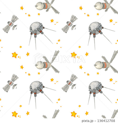 Seamless pattern, outer space and satellites flying. Watercolor illustration drawn by hand. Cosmic, space, satellite, universe. Drawing for textile, paper, invitations, scrapbooking 136412708