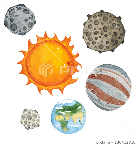 Watercolor set, hand drawn, space theme, planets. Sun, Earth, Moon, Mercury, Jupiter. Design for textiles, paper, invitations, scrapbooking 136412710
