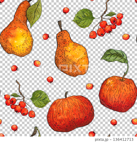 Seamless pattern of apples, pears and hawthorn berries. Hand drawn illustration with watercolor and ink. Drawing for poster, tableware, postcards, scrapbooking. Autumn, tree, vegetables, fruits 136412713