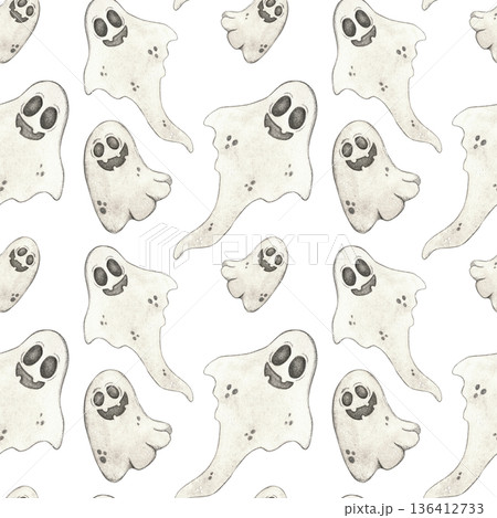 Seamless pattern for halloween from ghosts. Watercolor illustration hand drawn, cartoon. Drawing for ribbons, invitations, banner. October, halloween, holiday, ghost, fun 136412733