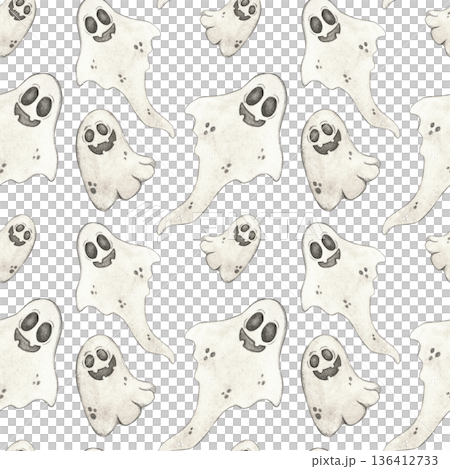 Seamless pattern for halloween from ghosts. Watercolor illustration hand drawn, cartoon. Drawing for ribbons, invitations, banner. October, halloween, holiday, ghost, fun 136412733