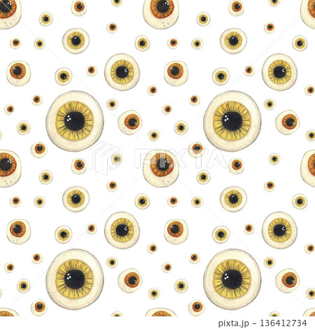 Seamless pattern for Halloween from eyeballs of different sizes in yellow and orange colors. Watercolor illustration hand drawn, cartoon. Drawing for ribbons, invitations, banner. October, holiday,fun 136412734