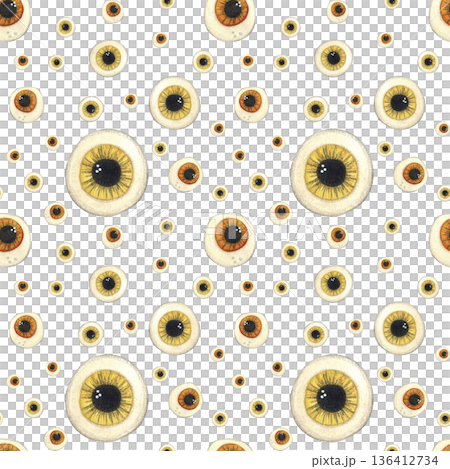 Seamless pattern for Halloween from eyeballs of different sizes in yellow and orange colors. Watercolor illustration hand drawn, cartoon. Drawing for ribbons, invitations, banner. October, holiday,fun 136412734