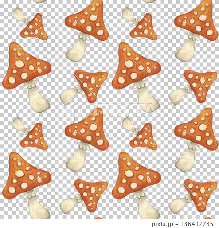 Seamless pattern for Halloween from fly agaric mushrooms. Watercolor illustration hand drawn, cartoon. Drawing for ribbons, invitations, banner. October, Halloween, holiday, fun Seamless pattern for Halloween from fly agaric mushrooms. Watercolor illustration hand drawn, cartoon. Drawing for ribbons, invitations, banner. October, Halloween, holiday, fun 136412735