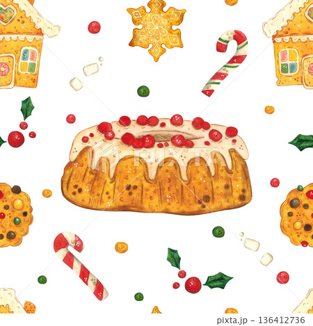 Seamless pattern Christmas cupcake, candy cane, gingerbread house. Hand-drawn watercolor illustration, cartoon. Drawing for poster, card, and scrapbooking. Christmas, holiday, decoration, plant Seamless pattern Christmas cupcake, candy cane, gingerbread house. Hand-drawn watercolor illustration, cartoon. Drawing for poster, card, and scrapbooking. Christmas, holiday, decoration, plant 136412736