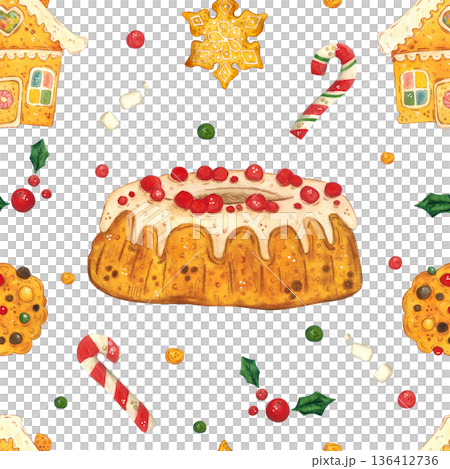 Seamless pattern Christmas cupcake, candy cane, gingerbread house. Hand-drawn watercolor illustration, cartoon. Drawing for poster, card, and scrapbooking. Christmas, holiday, decoration, plant Seamless pattern Christmas cupcake, candy cane, gingerbread house. Hand-drawn watercolor illustration, cartoon. Drawing for poster, card, and scrapbooking. Christmas, holiday, decoration, plant 136412736
