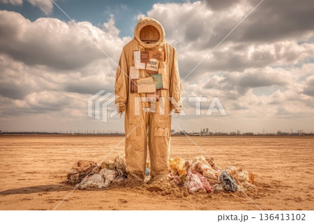 Abandoned Plastic Suit Surrounded by Trash in a Deserted Landscape with Dramatic Sky Abandoned Plastic Suit Surrounded by Trash in a Deserted Landscape with Dramatic Sky 136413102