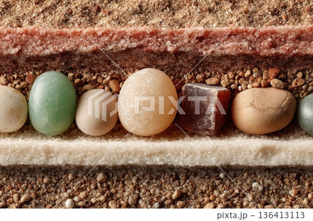 Colorful Candy Landscape with Tiny Jelly Beans and Hard Sweets on a Sandy Surface 136413113