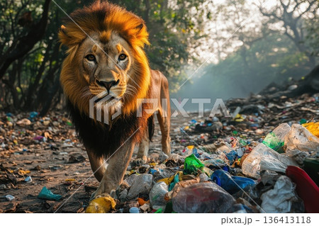 Majestic Lion Walking Cautiously Through Terrain Littered with Abandoned Plastic Waste Majestic Lion Walking Cautiously Through Terrain Littered with Abandoned Plastic Waste 136413118