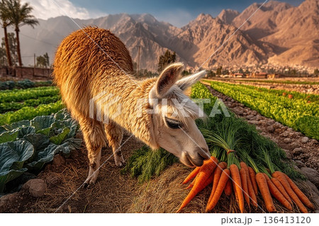 Cheerful Alpaca Grazing Beside Bright Carrots in Scenic Landscape of Mountains and Rows of Greens Cheerful Alpaca Grazing Beside Bright Carrots in Scenic Landscape of Mountains and Rows of Greens 136413120