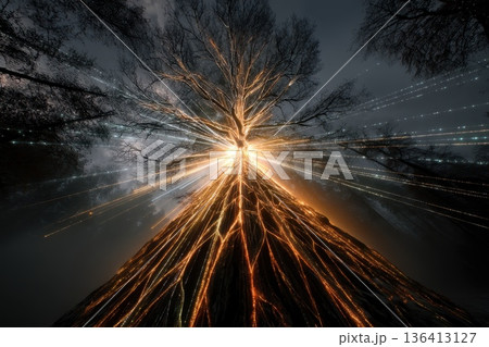 Abstract Digital Tree of Light Beams Illustrating Financial Concepts and Data Visualization Abstract Digital Tree of Light Beams Illustrating Financial Concepts and Data Visualization 136413127