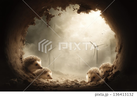 Hedgehogs Peeking Out from Beneath a Broken Barrel in a Surreal Landscape Hedgehogs Peeking Out from Beneath a Broken Barrel in a Surreal Landscape 136413132