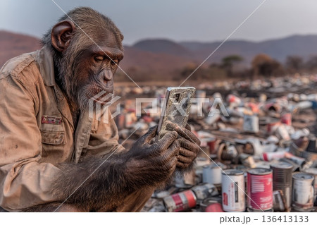 Reflective Chimpanzee Observing Its Image in a Cracked Mirror Amidst a Field of Debris Reflective Chimpanzee Observing Its Image in a Cracked Mirror Amidst a Field of Debris 136413133