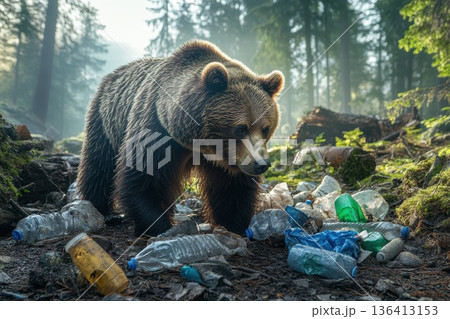 Bear Walking Cautiously Past Plastic Waste in Abandoned Forest Environment Bear Walking Cautiously Past Plastic Waste in Abandoned Forest Environment 136413153