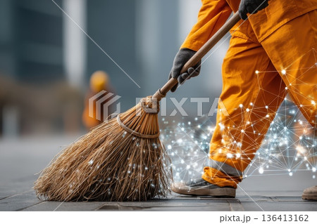 Urban Street Cleaner Sweeping Sidewalk with Modern Shimmering Background in City Setting 136413162