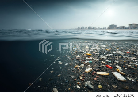 Meeting of Ocean Waves with Piles of Trash on Shoreline Under Gray Sky 136413170