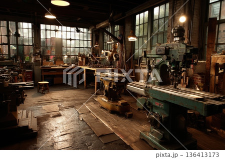 Vintage Industrial Machinery Inside an Old Workshop with Rusty Equipment and Tools 136413173