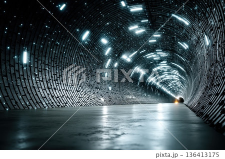 Futuristic Tunnel with Glowing Gradient Rings Illuminating a Dark Pathway Futuristic Tunnel with Glowing Gradient Rings Illuminating a Dark Pathway 136413175