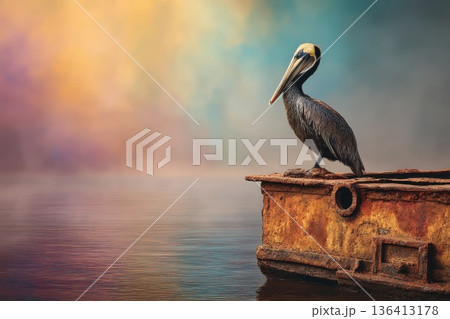 Pelican Stands Majestically on Rusted Beam Jutting from Calm Water at Sunset Pelican Stands Majestically on Rusted Beam Jutting from Calm Water at Sunset 136413178