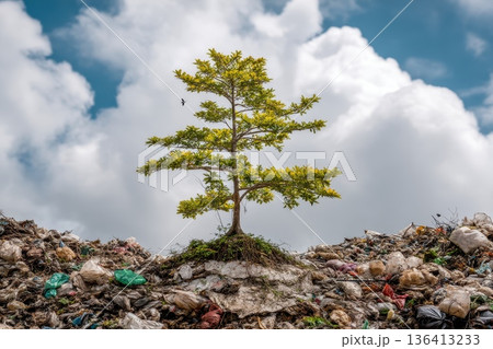A Strong Tree Growing in the Middle of a Barren Land Surrounded by Trash and Debris A Strong Tree Growing in the Middle of a Barren Land Surrounded by Trash and Debris 136413233