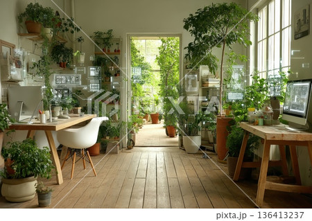 Bright Green Office Space with Plants and Smart Screens for Sustainable Work Environment 136413237