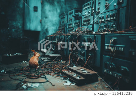 Abandoned Machinery with a Rabbit in a Tangled Environment of Dashes and Past Remnants 136413239
