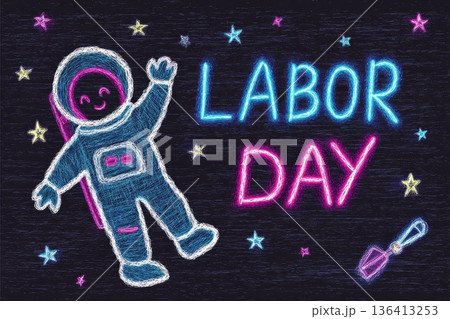 Cute Little Astronaut in Helm with Tool Belt Celebrating Labor Day in Space with Stars 136413253