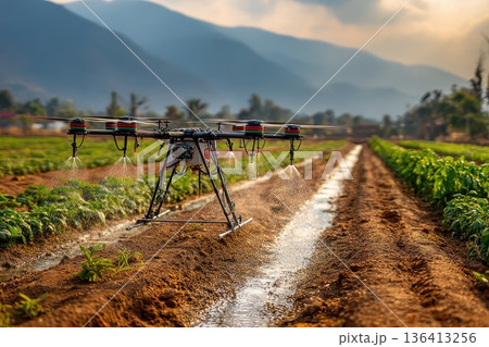Farmer Using Drone for Efficient Irrigation in Organic Crop Field at Sunset in Rural Landscape Farmer Using Drone for Efficient Irrigation in Organic Crop Field at Sunset in Rural Landscape 136413256