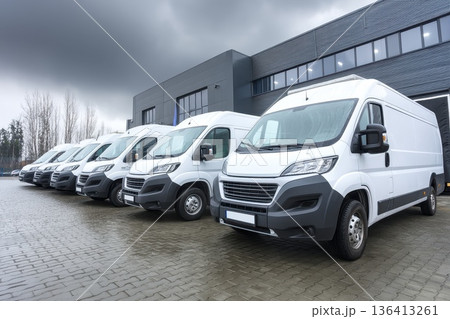 Wide Shot of Delivery Vans Lined Up Under Dramatic Cloudy Sky in Urban Environment Wide Shot of Delivery Vans Lined Up Under Dramatic Cloudy Sky in Urban Environment 136413261
