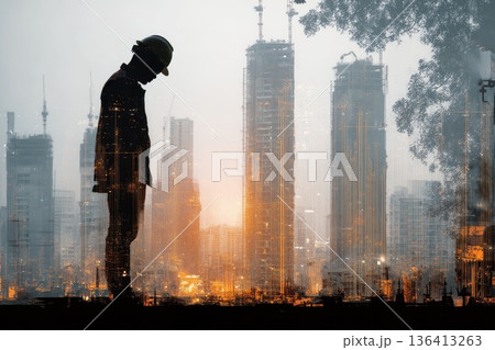 Silhouette of a Construction Worker Standing Tall Against a City Skyline at Dusk 136413263