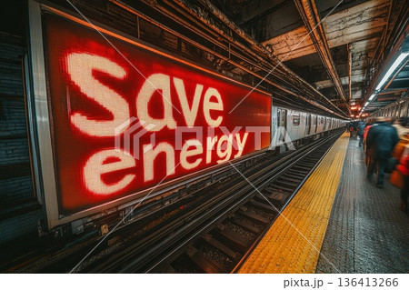 Digital screen reminder to save energy in busy subway station during rush hour commute 136413266