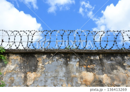 Blue Sky Over Concrete Wall with Barbed Wire Fence Top and Fluffy White Clouds Blue Sky Over Concrete Wall with Barbed Wire Fence Top and Fluffy White Clouds 136413269