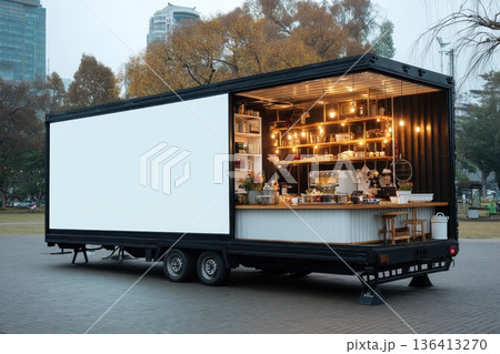 Food Truck with Blank Billboard Display for Advertisement in Urban Park Setting Food Truck with Blank Billboard Display for Advertisement in Urban Park Setting 136413270