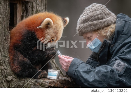 Gentle Red Panda Receiving Vaccine Dose from Caregiver in Natural Habitat Gentle Red Panda Receiving Vaccine Dose from Caregiver in Natural Habitat 136413292