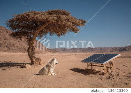 Sheepdog Resting Under Tree in Remote Desert Landscape with Solar Panel in Background Sheepdog Resting Under Tree in Remote Desert Landscape with Solar Panel in Background 136413300
