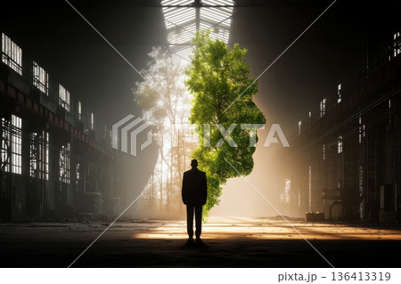 Human Silhouette Standing Between Two Worlds in an Abandoned Industrial Setting 136413319