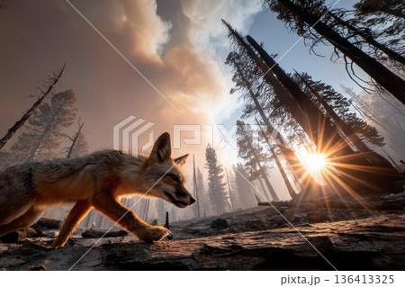 Cautious Fox Walking Across the Burned Forest Floor with Dramatic Sunrise in Background Cautious Fox Walking Across the Burned Forest Floor with Dramatic Sunrise in Background 136413325