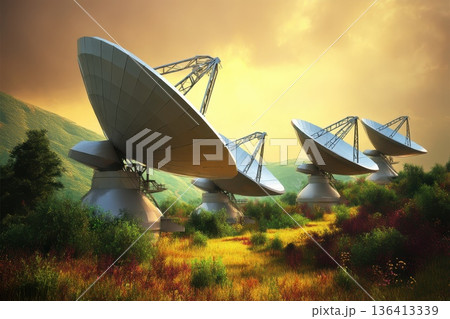 Stunning Sunset Reflection Over Field of Concentrated Solar Equipment in Golden Light Stunning Sunset Reflection Over Field of Concentrated Solar Equipment in Golden Light 136413339