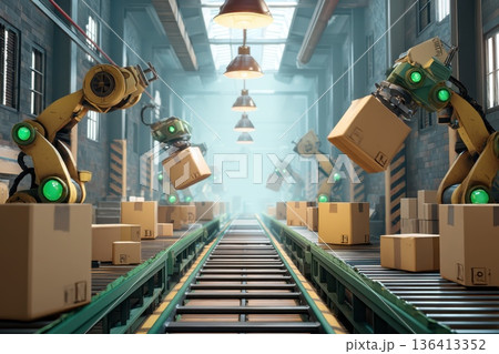 Futuristic Warehouse Interior with Robotic Arms and Conveyor for Efficient Package Handling 136413352