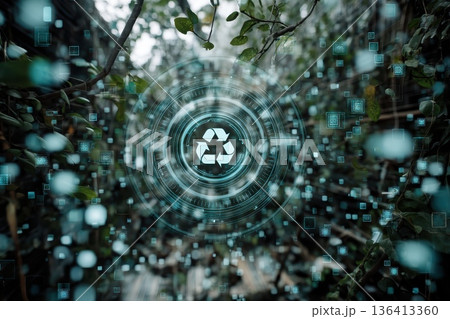 Eco-Themed HUD Display with Recycle Icon Pulsing in a Lush Natural Environment Eco-Themed HUD Display with Recycle Icon Pulsing in a Lush Natural Environment 136413360